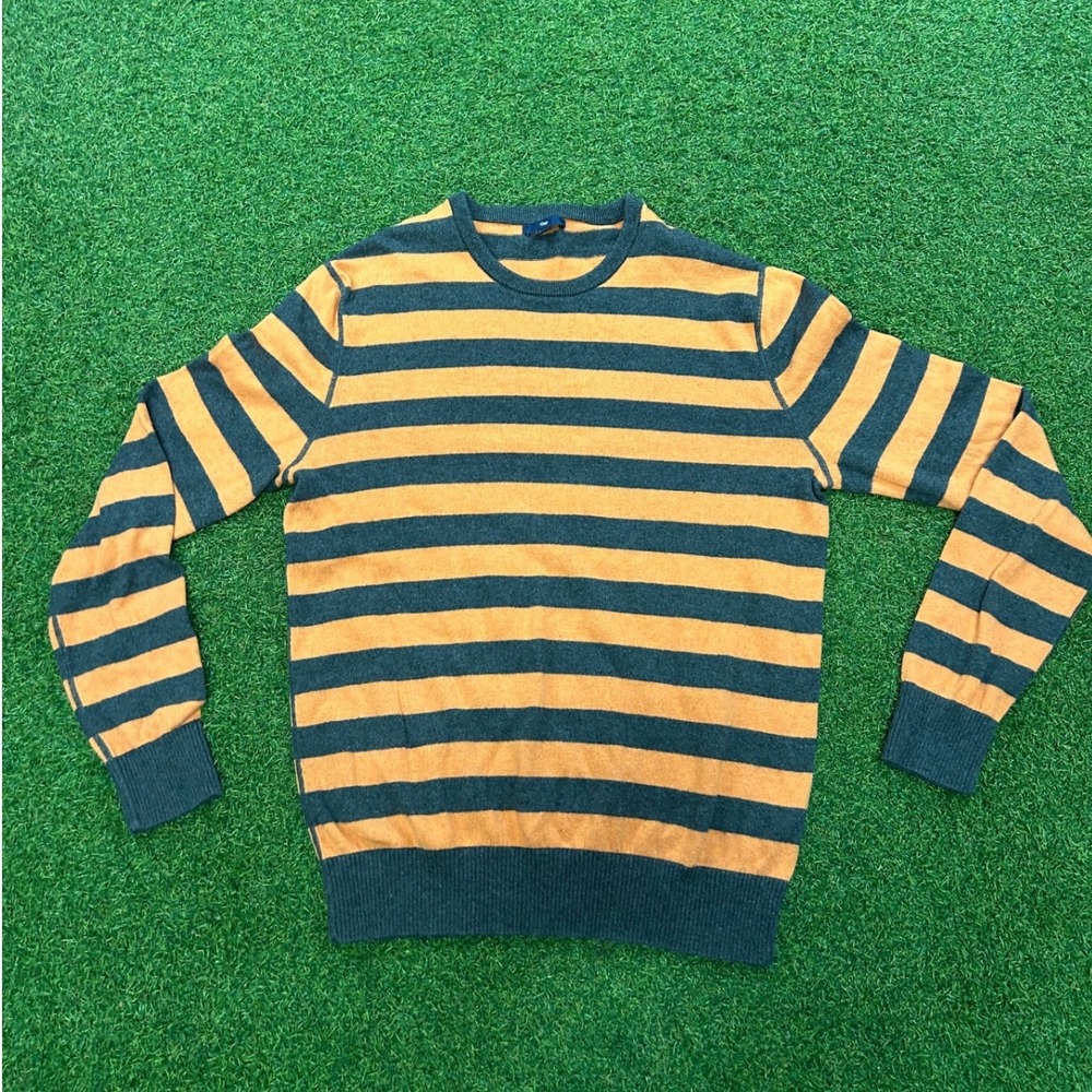 Gap Mens Crewneck Sweater Orange Charcoal Grey Striped Pullover Knit Size M